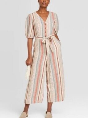 Universal Thread Striped V-Neck Tie-Waist Jumpsuit in Beige, Coral & Light Blue